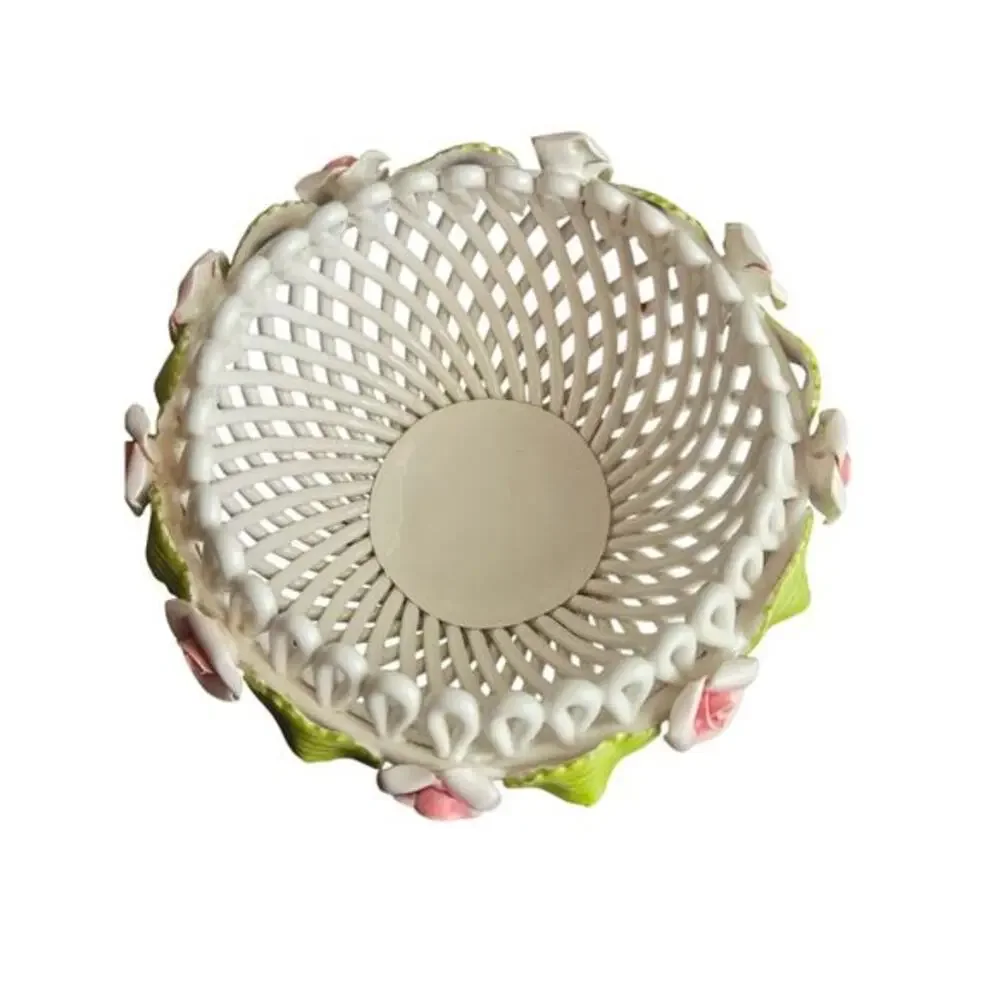 Vintage White Porcelain Lattice Bowl Pink Roses Signed Acer Italy Trinket Candy‎